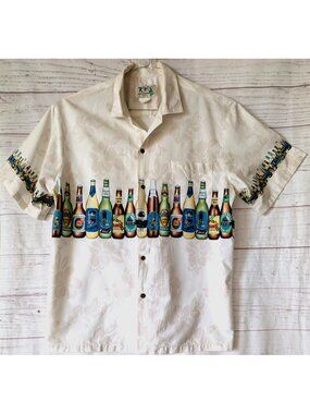 Vintage Men's KY'S Hawaiian Shirt Beer Bottle Print Cotton Made In USA Size XL